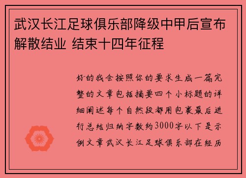 武汉长江足球俱乐部降级中甲后宣布解散结业 结束十四年征程